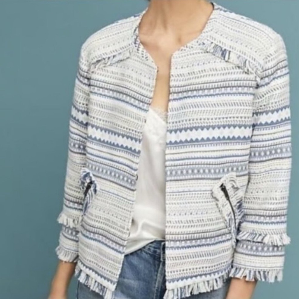 Greylin Anthropologie XL Striped Aztec Boho Fringe Blazer Southwestern Blue Grey